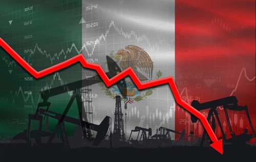 Petroleum crisis with Mexico flag on financial graph. Fall oil price with flag of Mexico on