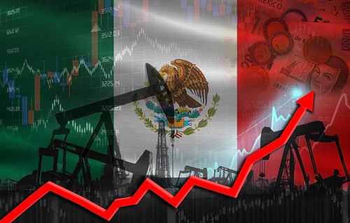 Oil production with Mexico flag, petrol industry. Oil pumps with Mexico flag