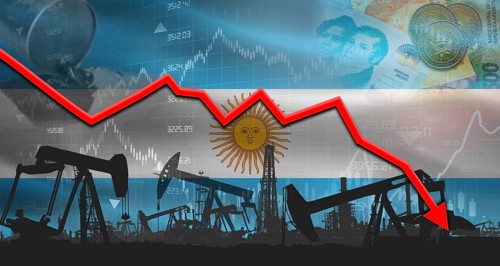 Fall oil price with flag of Argentina on economic chart, Petrol crisis with Argentina flag on