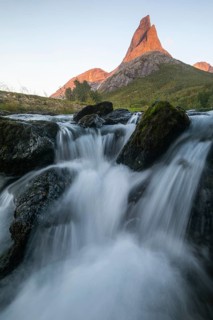 National mountain of Norway, Stetind in the Nordland on Storelva at sunset