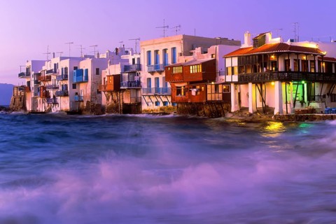 Little Venice, houses by the sea in the old town of Mykonos, Cyclades, Greece