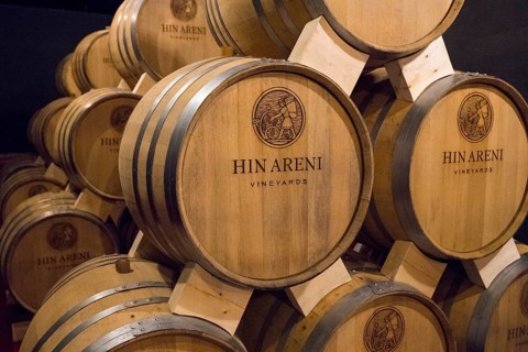 Close-up of Hin Areni brand wooden barrels in a wine cellar, Hin Areni winery, Areni village,