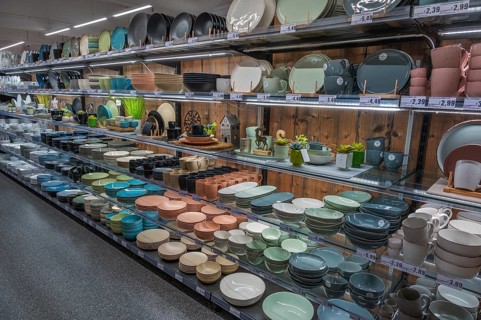 Wholesale market, shelves with crockery and knickknacks, Allgäu, Swabia, Bavaria, Germany