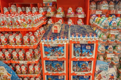 Wholesale market selling Christmas sweets. Chocolate Santa Clauses already in October, Allgäu,