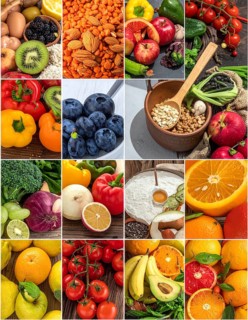 Food collage of various biological and organic fruits and vegetables, fresh healthy lifestyle, with