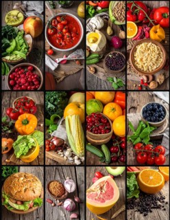 Food collage of various biological and organic fruits and vegetables, fresh healthy lifestyle, with