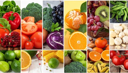Food collage of various biological and organic fruits and vegetables, fresh healthy lifestyle, with
