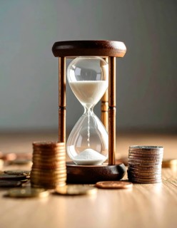 Hourglass and stacked golden coins, illustrating currency fluctuation and time impact commodities