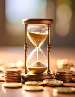 Hourglass and stacked golden coins, illustrating currency fluctuation and time impact commodities