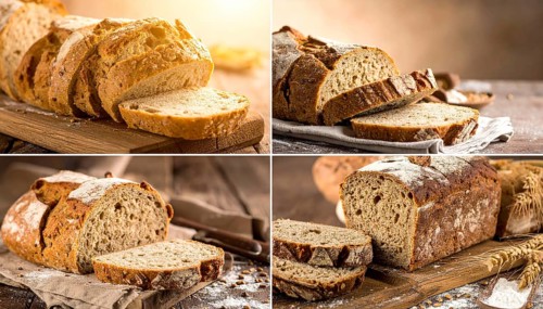 Collage of rustic loaf of whole grain bread, bread on dark rustic wooden table, great variety of