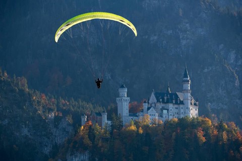 Paraglider flies in front of Neuschwanstein Castle in autumn forest scenery, Schwangau, Ostallgäu,