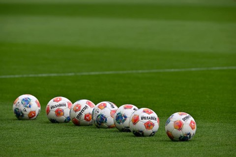 Adidas Derbystar game balls lie in a row on the lawn, PreZero Arena, Sinsheim, Baden-Württemberg,