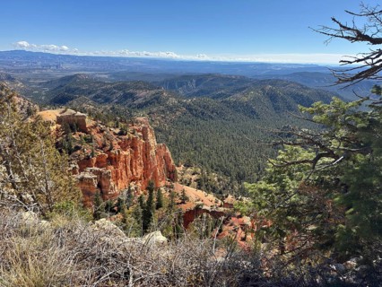 Panoramic view of a mountain landscape with characteristic red rocks and thick vegetation, Bryce