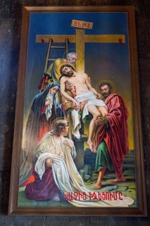 Traditional religious painting of Jesus' Descent from the Cross with several biblical figures, Khor