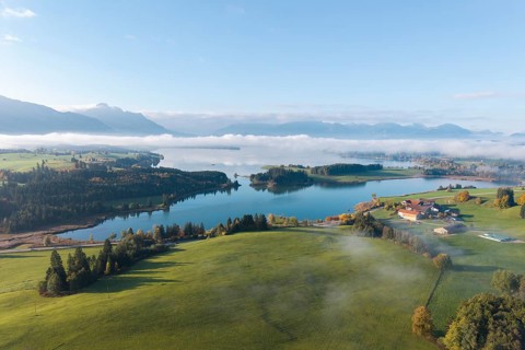Green hilly landscape with quiet Forggensee and light fog, mountains in the background, near