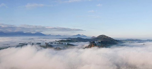 View of wooded hills emerging from foggy morning light, near Roßhaupten, Ostallgäu, Allgäu, Swabia,