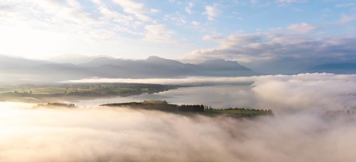 Foggy landscape with view of Lake Forggensee and mountain skyline in the background, near
