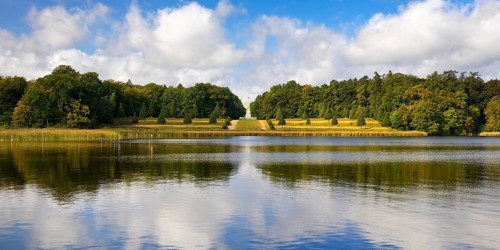 Lake Grienerick with the Rheinsberg Obelisk, Rheinsberg, Brandenburg, Germany