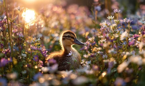A duckling is sitting in a field of flowers. The sun is shining brightly on the scene, creating a