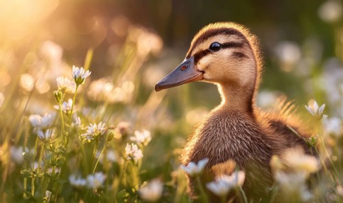 A duckling is sitting in a field of flowers. The duckling is small and brown, and it is surrounded