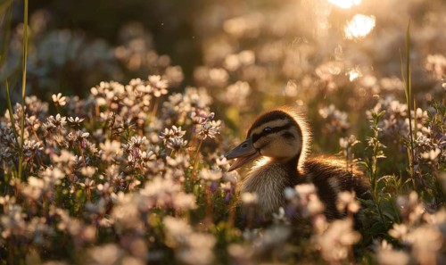 A duckling is sitting in a field of flowers. The scene is peaceful and serene, with the duckling