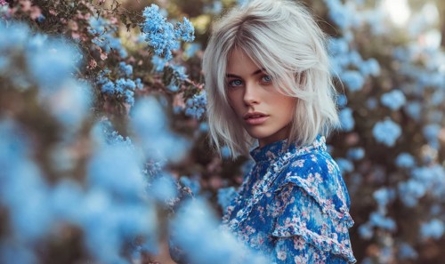 A woman is standing in a field of blue flowers. She is wearing a blue dress with floral patterns.