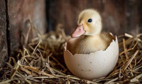 A baby duck is sitting in an eggshell. Concept of new life and growth, as the duck is just
