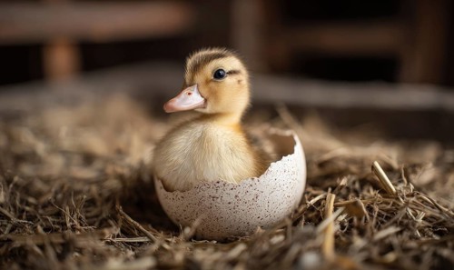 A baby duck is sitting in an eggshell. Concept of new life and growth, as the duck is just