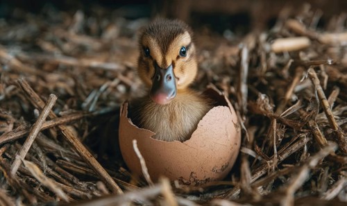 A baby duck is sitting in an eggshell. The eggshell is cracked open and the duck is peeking out. AI