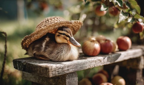 A duck wearing a straw hat is laying on a bench next to a pile of apples. The scene is peaceful and