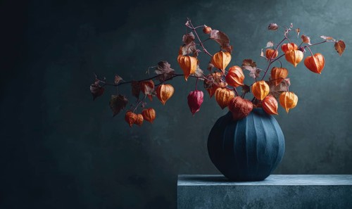 A vase of orange and yellow flowers sits on a table. The flowers are arranged in a way that creates