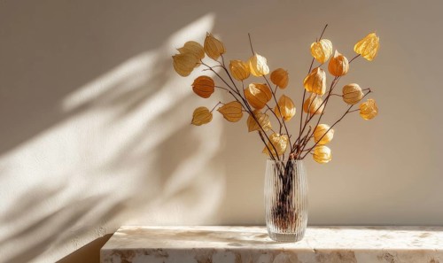 A vase of dried flowers sits on a table, casting a shadow on the wall. The flowers are arranged in