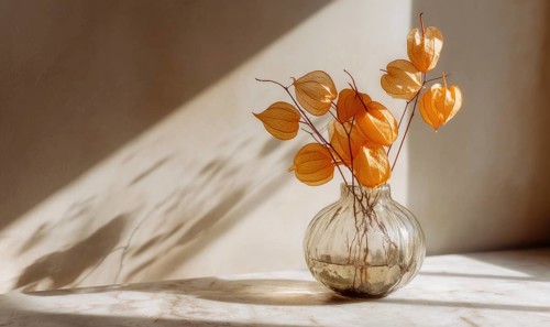 A vase of flowers sits on a table, with the sun shining on it. The flowers are orange and yellow,