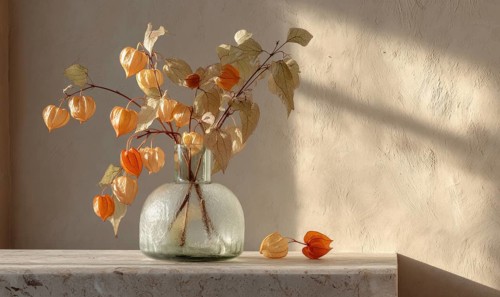 A vase of flowers sits on a table, with a few leaves scattered around it. The vase is filled with