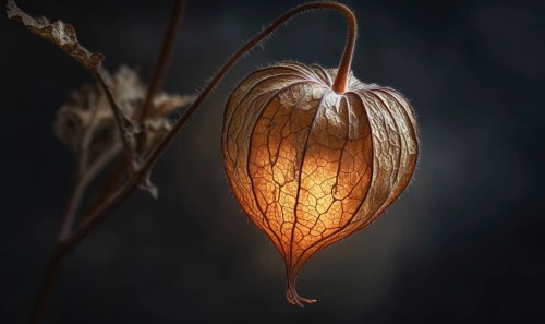 A flower with a yellow center and brown petals is shown in a dark background. The flower is the