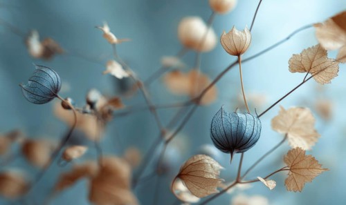 A close up of a branch with flowers and leaves. The flowers are blue and the leaves are brown. The