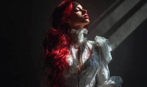 A woman with red hair and a white dress is standing in front of a window. The image has a moody and
