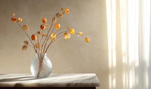 A vase of dried flowers sits on a table in a room with a window. The flowers are yellow and brown,