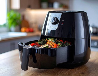 Air fryer with grilled vegetables, wooden table in the kitchen, healthy eating, healthy vegetarian
