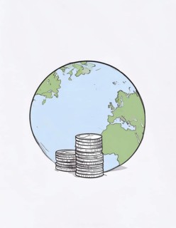 Green earth globe with silver coin stack symbolizing global finance economy and sustainable growth,