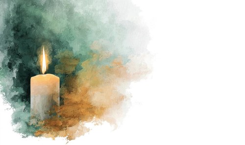A candle is lit in a painting with a green background. The candle is the main focus of the