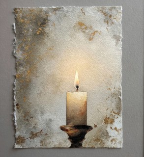 A candle is lit in a painting of a candle holder. The candle is the main focus of the painting, and