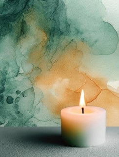 A candle is lit on a table in front of a green and yellow background. The candle's light casts a