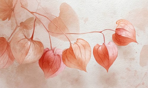 A painting of a branch with five red flowers. The flowers are arranged in a way that they look like