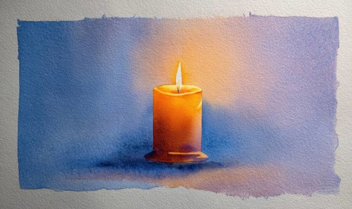 A candle is lit in a painting of a blue background. The candle is the main focus of the painting,