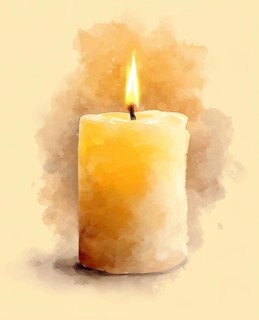 A candle is lit and is sitting on a table. The candle is yellow and the flame is small. The image