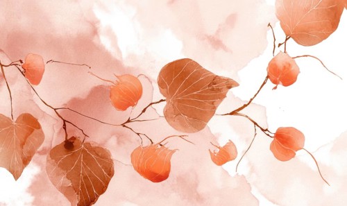 A painting of a branch with orange leaves and orange flowers. The painting has a warm and inviting