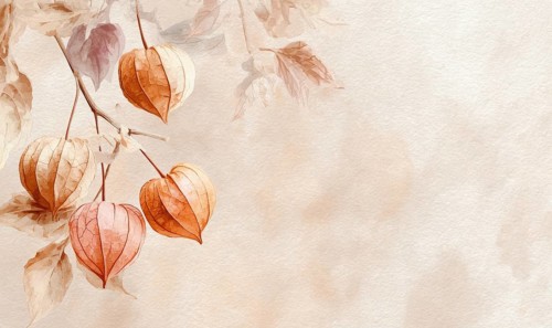 A painting of a branch with orange flowers on it. The flowers are small and clustered together. The
