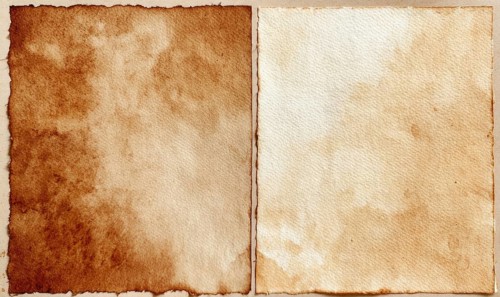 Two pieces of paper with a brown background and white text. The paper is old and worn, giving it a