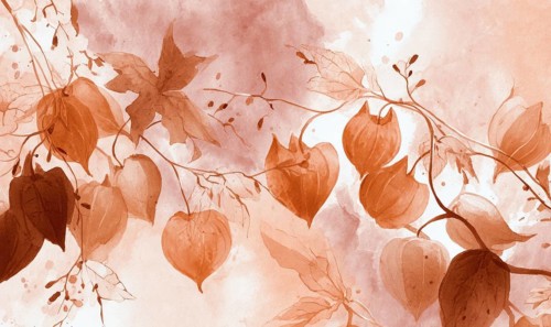 A painting of a tree with leaves and flowers in a pinkish orange color. The painting has a warm and